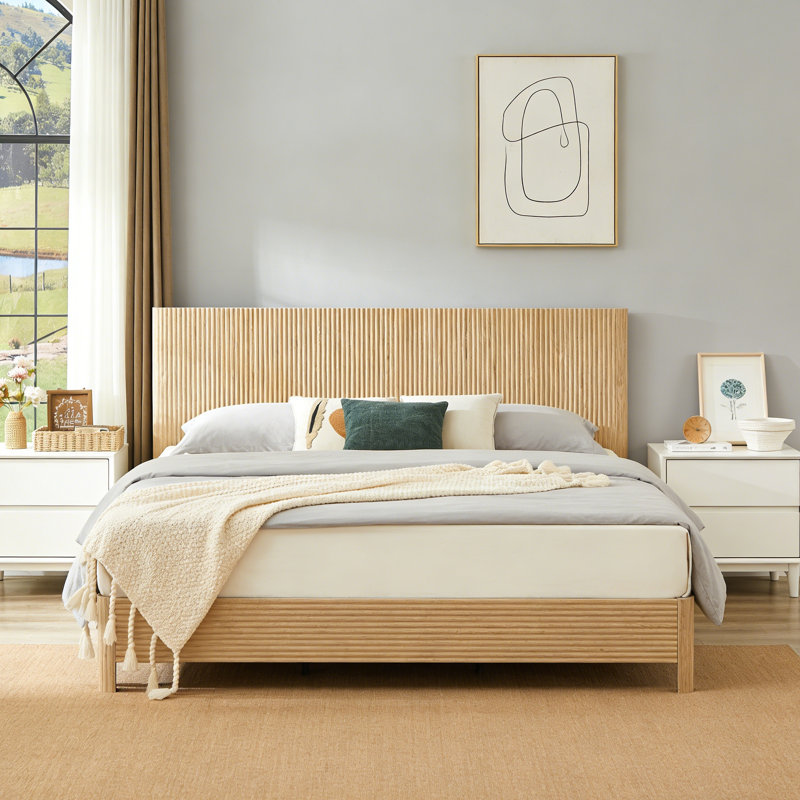 Structure de lit très grand en bois avec lignes courbes ondulées, sans sommier tapissier (chêne), Chêne