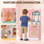 Wooden Play Kitchen with Ice Maker, Pink & White Pretend Cooking Playset with Realistic Sounds, Toy Kitchen Set for Toddlers Ages 3+