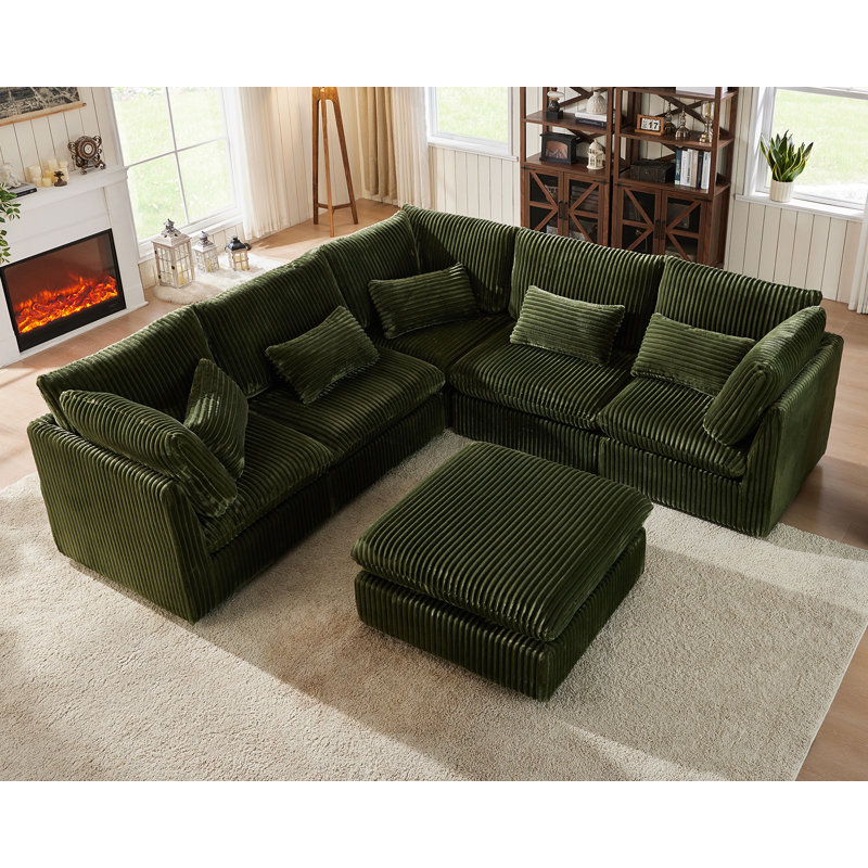 Oversized Modular Sofa Extra Deep Cloud Corduroy Sectional Couch With Ottoman Chaise, Fsc Certified, Green Corduroy