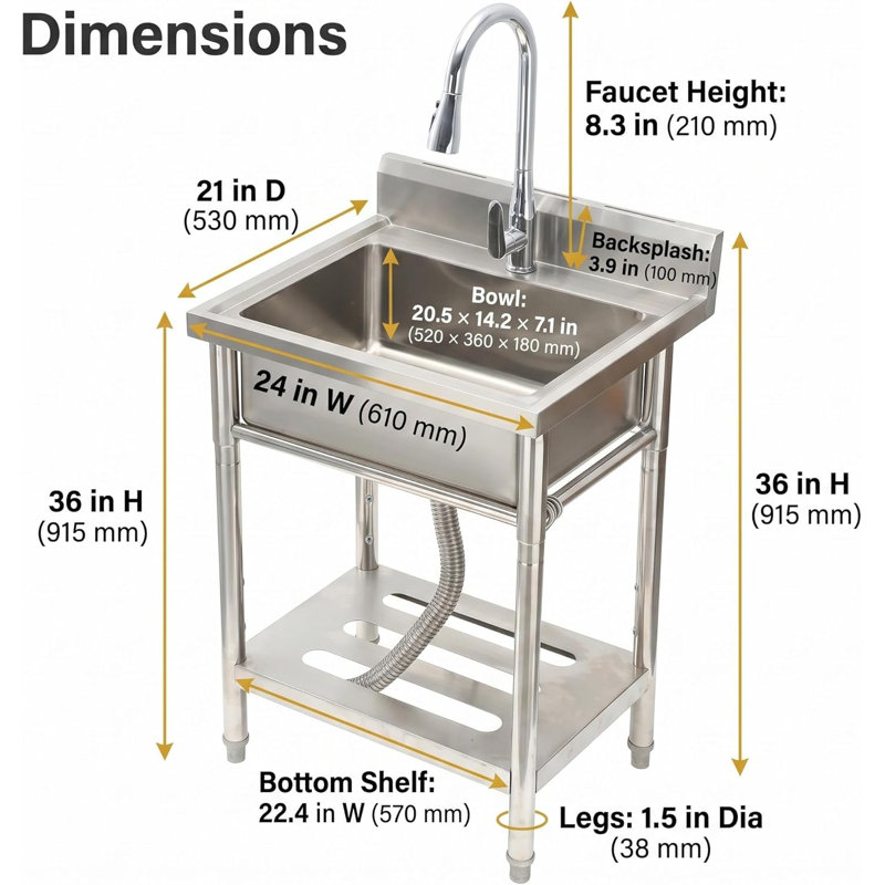 Évier utilitaire autoportant en acier inoxydable avec robinet escamotable chaud et froid, évier à lessive de grande capacité avec tablette de rangement et ensemble de drain pour la cuisine de garage