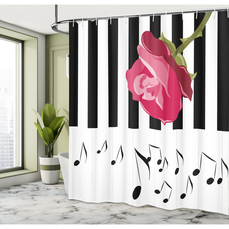 Pink Black White Musical Notes Rose Fabric Shower Curtain