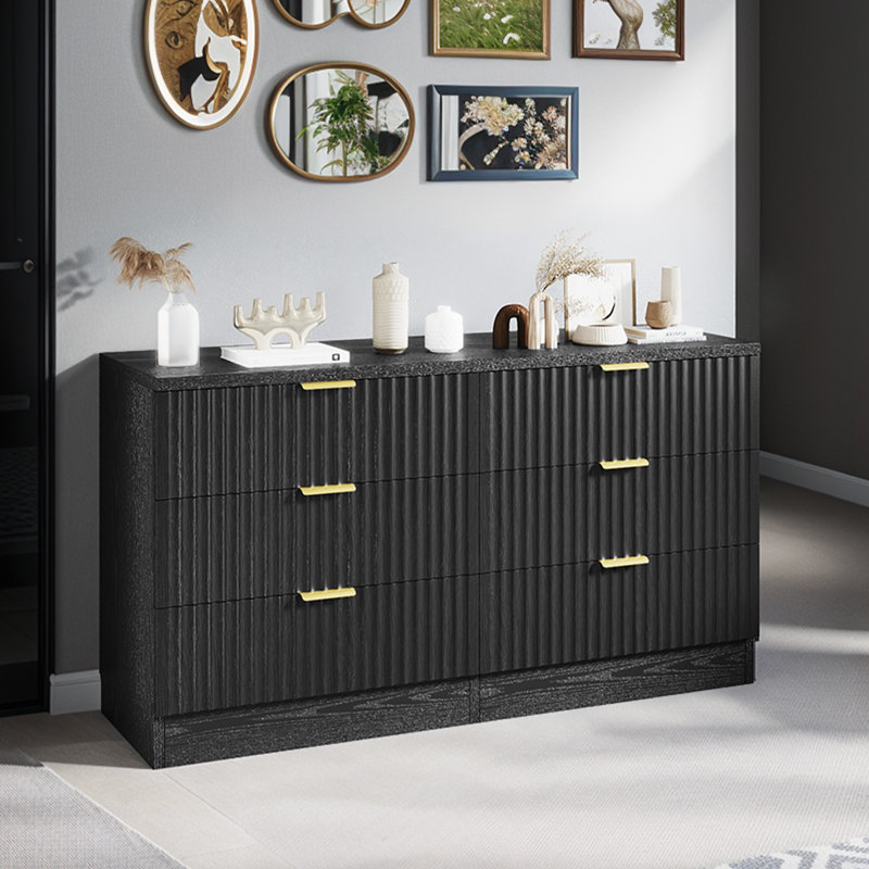 Commode cannelée à 6 tiroirs, commode en bois large avec rangement polyvalent, Naturel