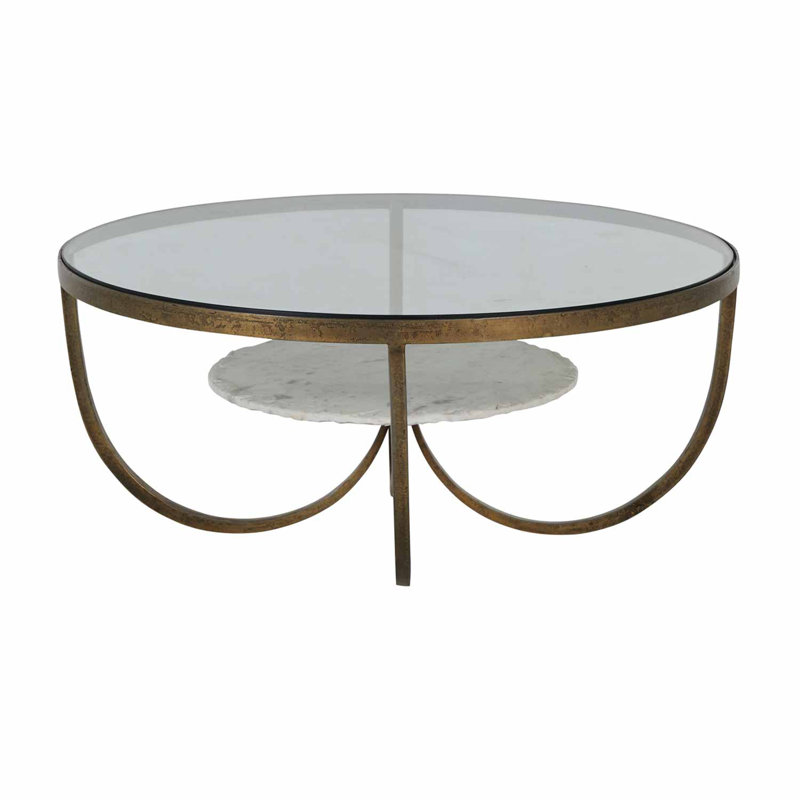 Round Champagne Forged Metal and Glass Coffee Table with Marble Shelf