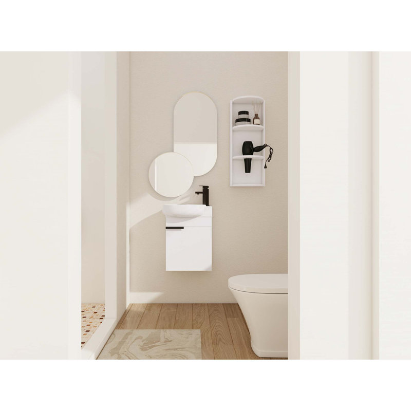 Meuble-lavabo à fermeture en douceur avec lavabo et support de rangement, 16 po pour petite salle de bain, Blanc brillant