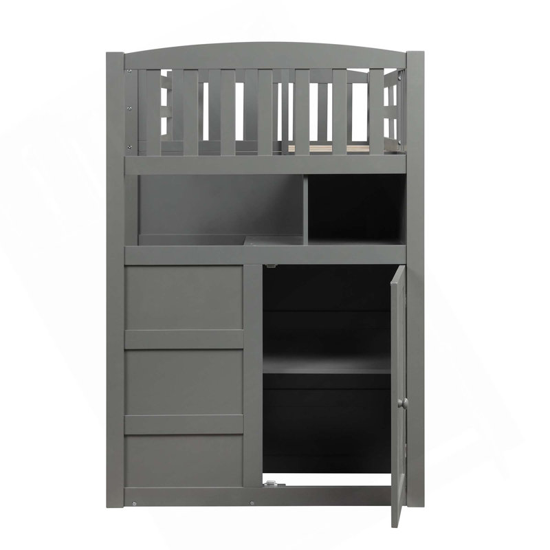 Convertible Bottom Bunk Bed With Storage Shelves And Drawers, Grey