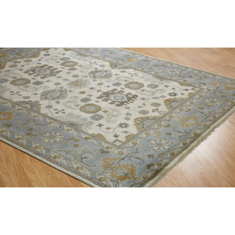 Hand Knotted Wool Ivory/Blue Area Rug, Rectangle 6' x 9', Blue