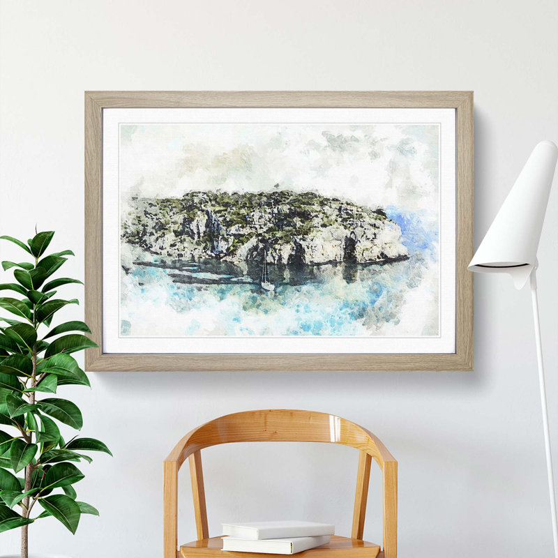 Sailing Boat in Formentera Spain in Abstract - Picture Frame Painting Print, 35cm H x 50cm W x 2cm D, Oak