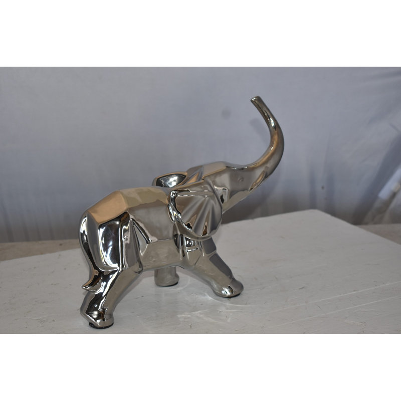 Silver Ceramic Elephant Statue with High-Polish Finish