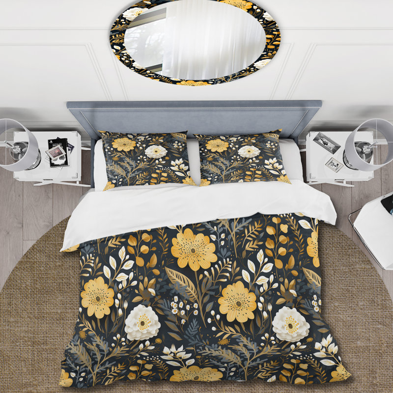 Noir et jaune Boho Botanical - Ensemble de housse de couette Boho - Polyester en microfibre