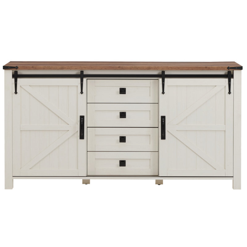 Texola 60" W Farmhouse Chest of Drawers, Wood Bedroom Dresser with 4 Drawers & Sliding Barn Doors, Antique White Oak