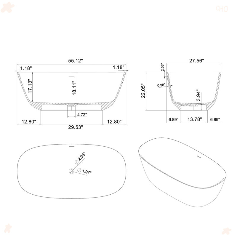 55 Inch Freestanding Solid Surface Soaking Bathtub