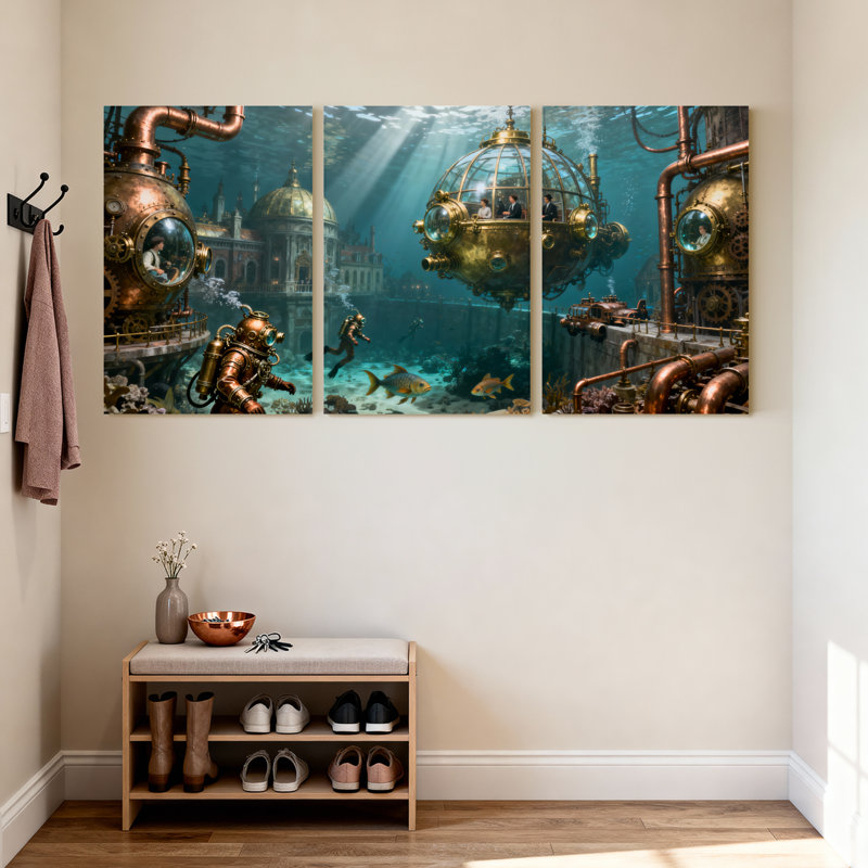Fantaisie et science-fiction Steampunk Underwater City Submarine Diver Fish Pipes, ensemble de 3 impressions d'art sur toile