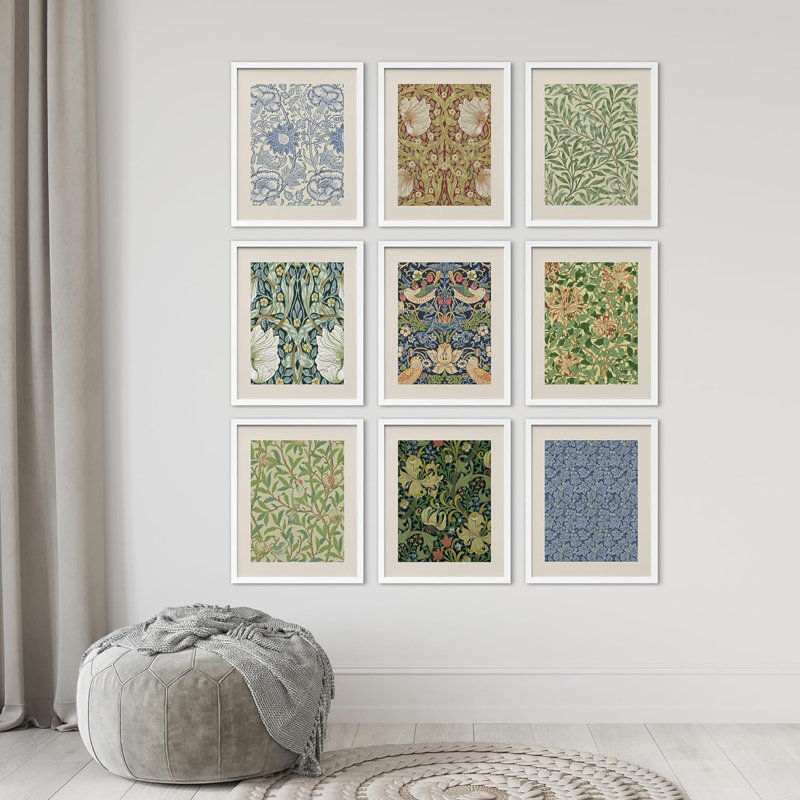 William Morris, motifs floraux, nature sauvage, art moderne bohémien, H 14 po x l 11 po, Blanc