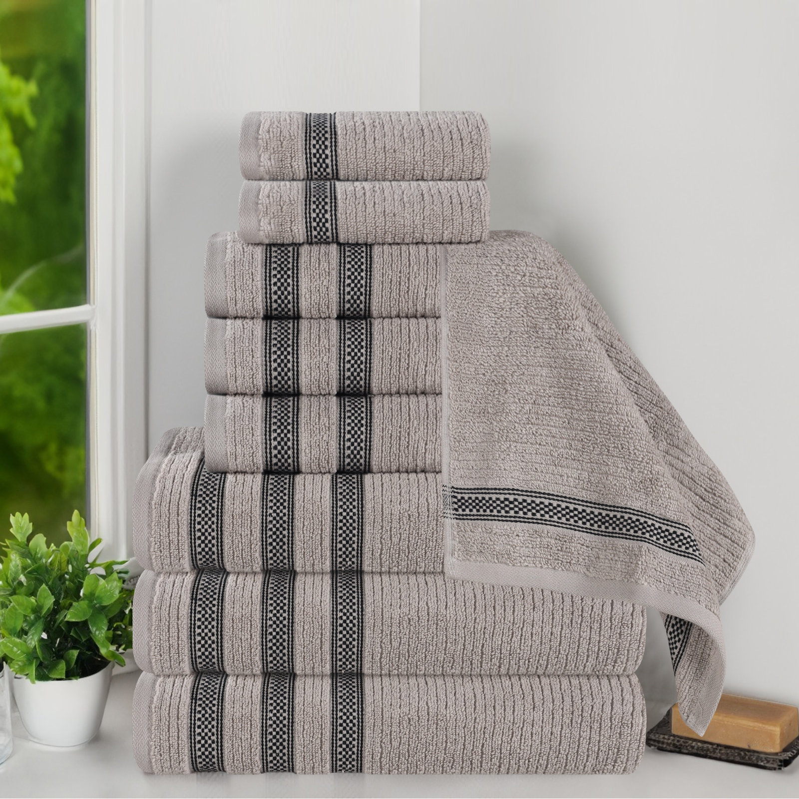 Orley Zero Twist Cotton Ribbed Modern Geometric Border Soft Highly-Absorbent Assorted Bathroom Towel Set, Gray