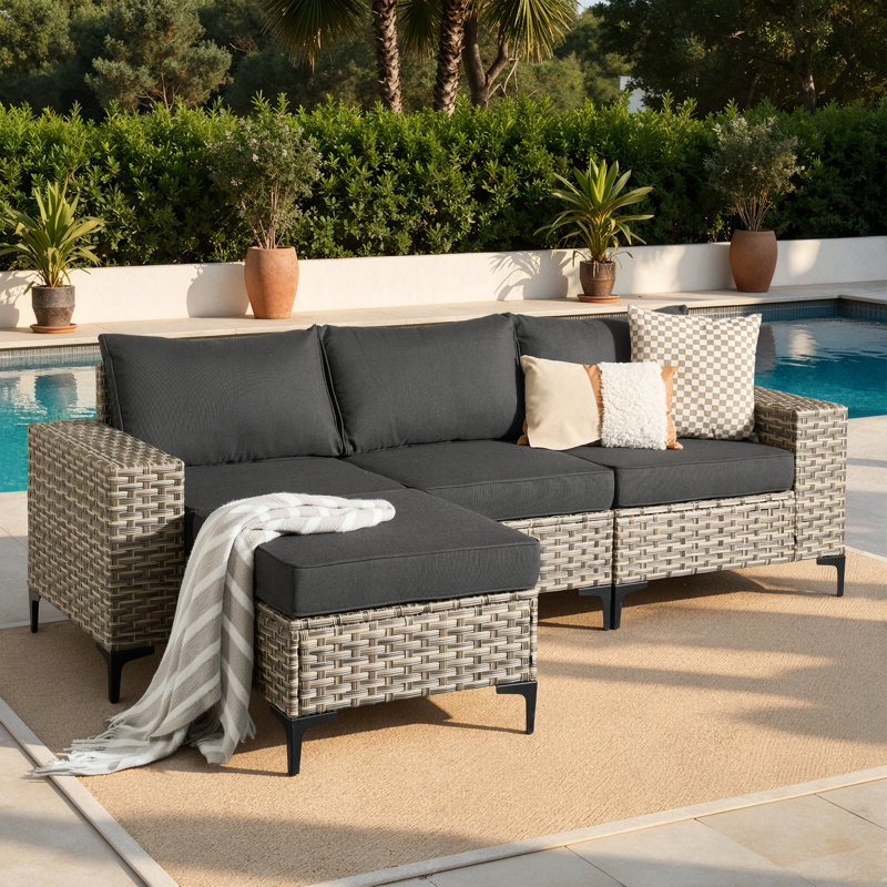 4 Piece Rattan Patio Conversation Set with Cushions, Black, Yes