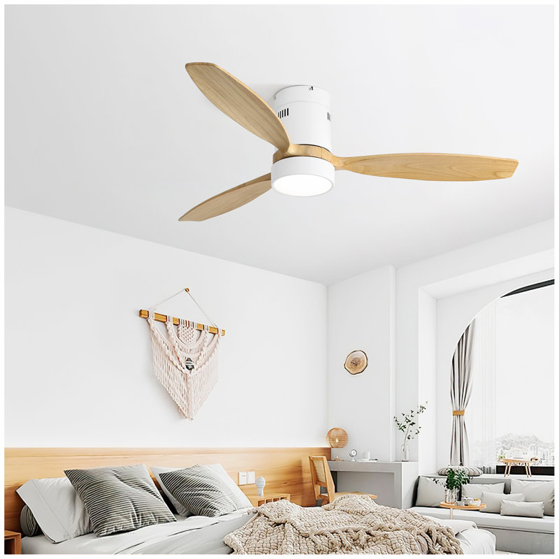 Ventilateur de plafond encastré en bois massif de 52 pouces avec moteur à courant continu réversible à télécommande 6 vitesses pour la maison