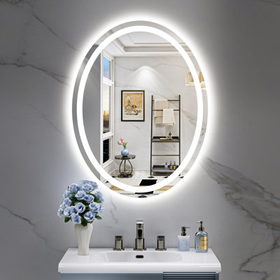 Oval Bathroom LED Mirror with Frontlit & Backlit, Anti Fog Lighted Vanity Mirror with Stepless Dimmable, ETL Listed, IP54 Waterproof, CRI90+, HD Tempered Glass