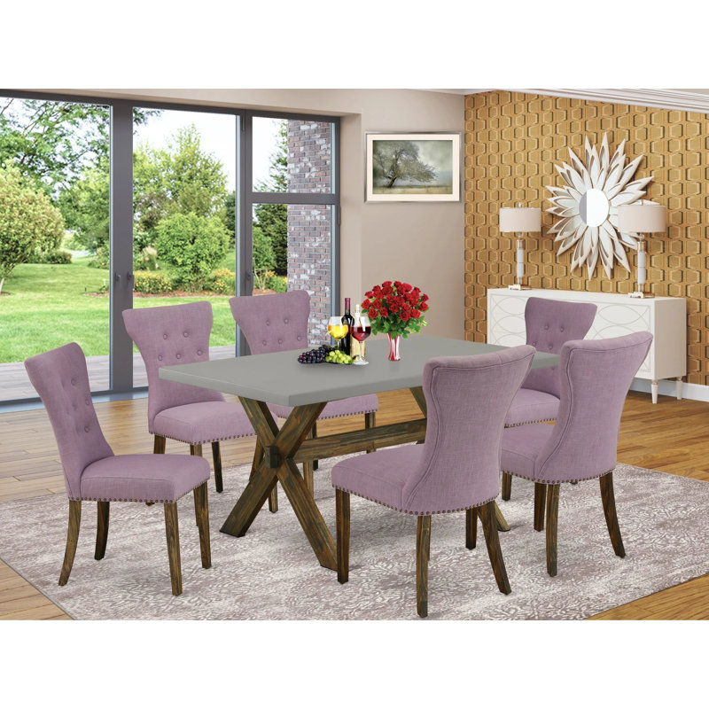 7 Piece Kitchen Table Set Consist of a Rectangle Dining Table with X-Legs and 6 Dahlia Linen Fabric Parson Dining Chairs, Distressed Jacobean