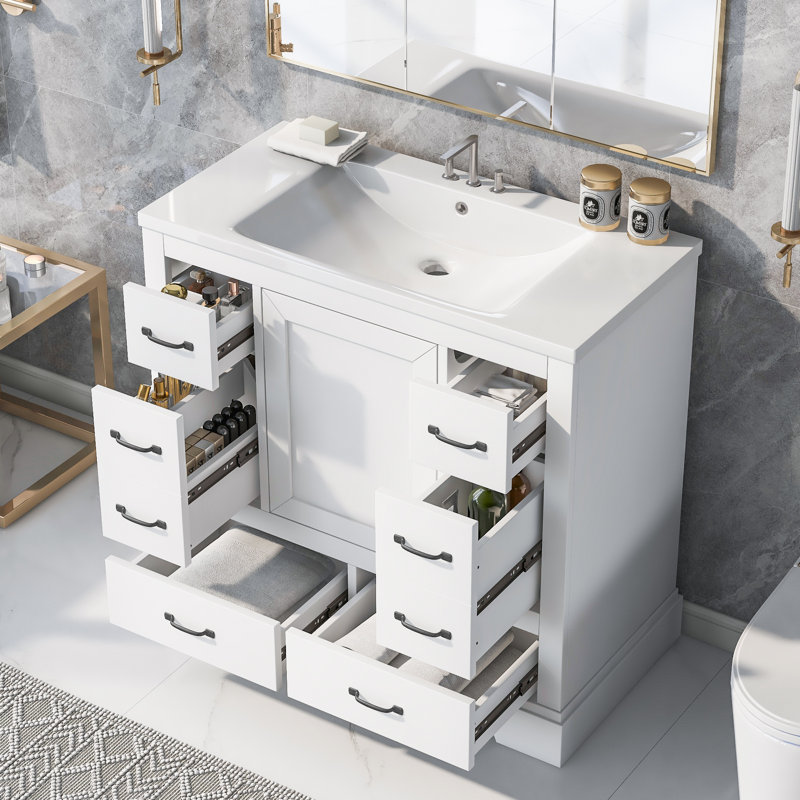 Élégant ensemble de meuble-lavabo et lavabo de 36 po en blanc avec six tiroirs, une cloison multifonctionnelle et une tablette réglable (ancien numéro de référence: Sy999808aak)