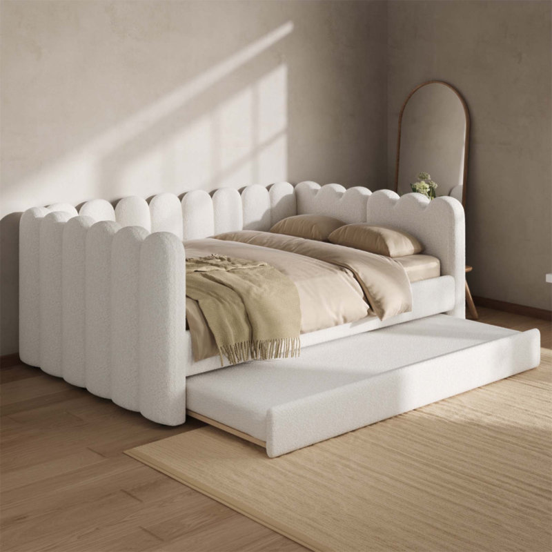 Lit de jour rembourré luxueux avec lit gigogne, conception courbée élégante pour une vie moderne et peu encombrante (sans matelas)
