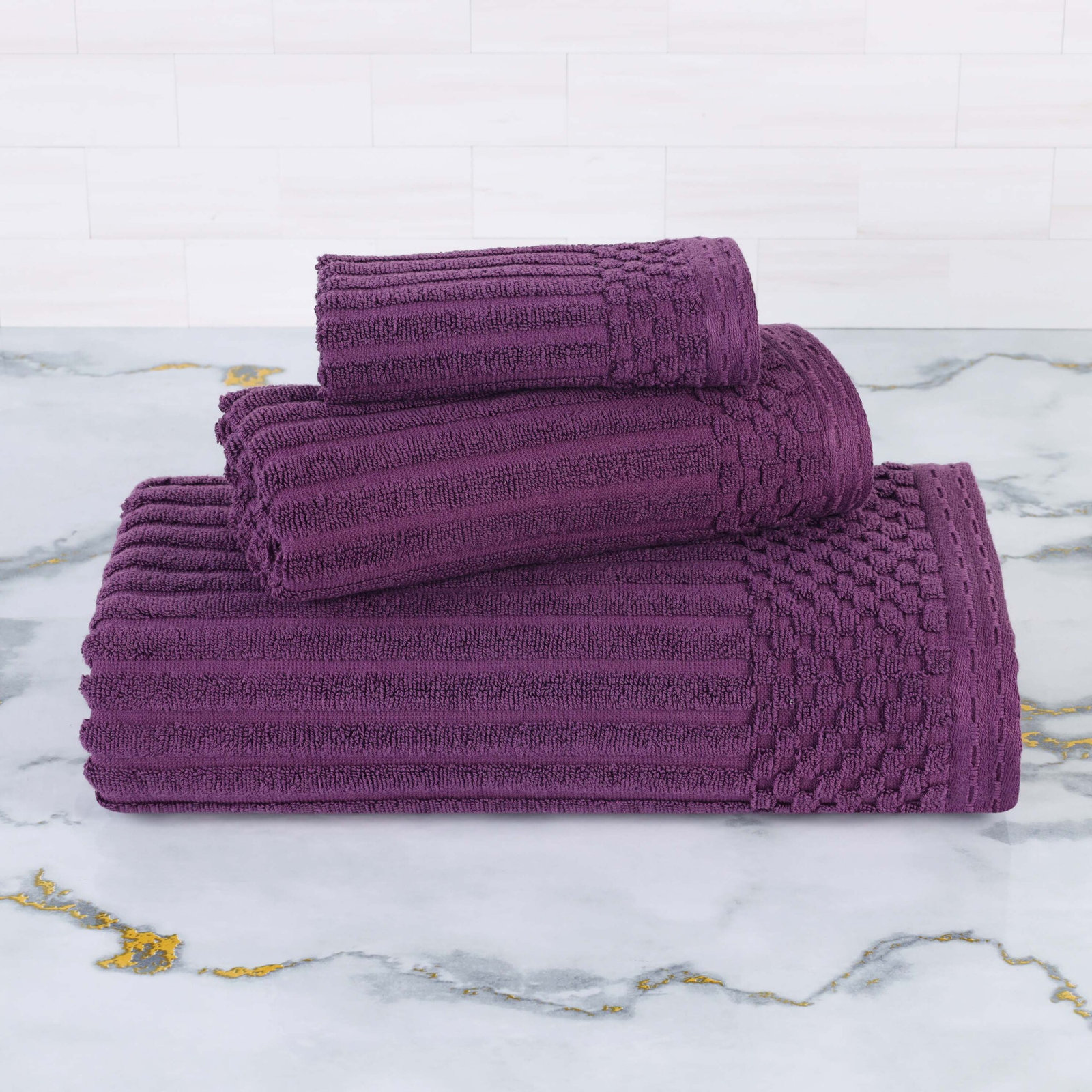 8-Piece Checkered Border Cotton Towel Set, Purple, 3 Piece Towel set (1-bath, 1-hand, 1-face)