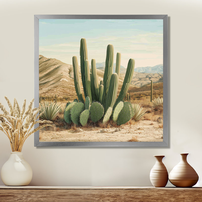 Cactus et les montagnes du désert III - art mural de cactus pour le salon, H 36 po x l 36 po, Argent argent