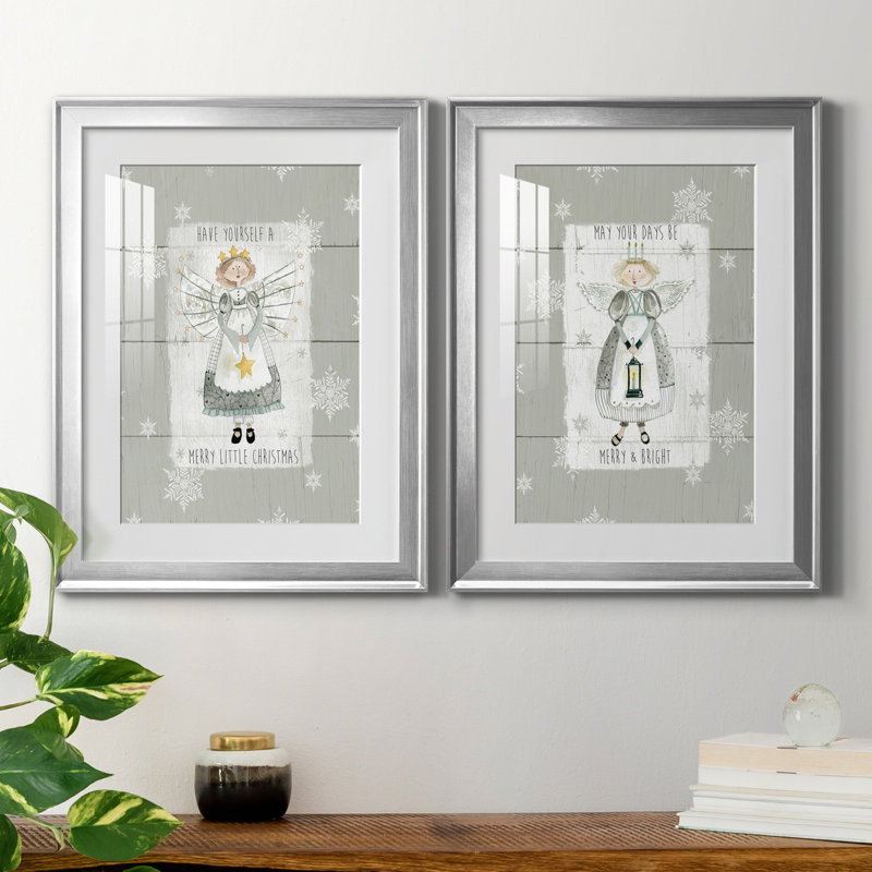 «Merry Little Christmas», ensemble de 2 reproductions d'art, H 18,5 po x l 49 po x P 1,5 po, Papier avec cadre argenté, Blanc