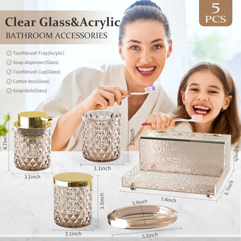 Ensemble d'accessoires de salle de bain en verre brun cristal, ensemble de comptoir de salle de bain 5 pièces