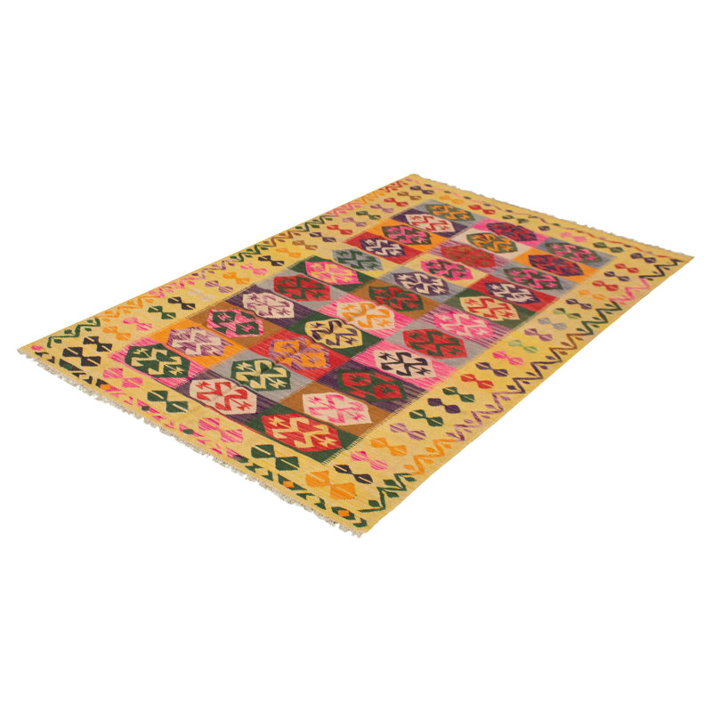 Tapis jaune clair en laine de style ancien de conception unique 5 pi 10 po x 8 pi 10 po Haelly