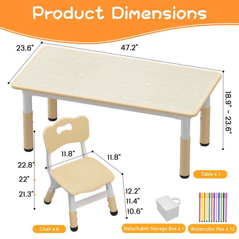 Andreja Kids 7 Piece Rectangular Play or Activity Table and Chair Set, Beige/Brown