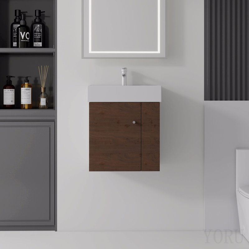 Ensemble de meuble-lavabo flottant 21,6 po, armoire murale en contreplaqué mural avec lavabo en céramique et portes à fermeture en douceur pour les petites salles de bain, brun