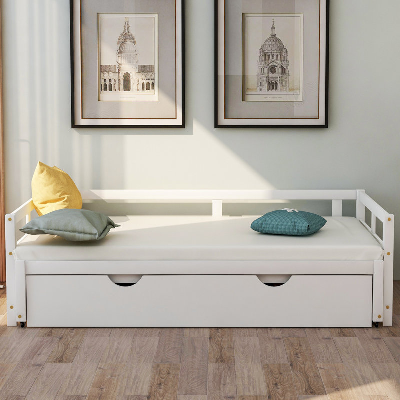 Lit de jour extensible avec couchette, lit de jour en bois avec couchette, Blanc