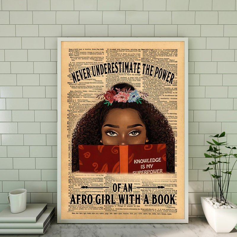 «Afro Girl With A Book Gallery», toile tendue pour décor de fille, noir et rouge, H 14 po x l 11 po x P 2 po