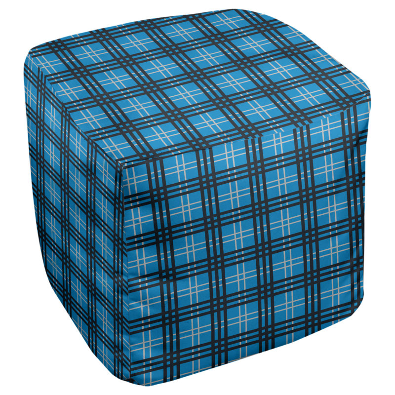 Repose-pieds pouf carré à carreaux Minnesota, Mélange de polyester bleu Carolina / argent / noi, H 13 po x l 13 po x P 13 po
