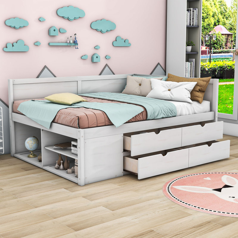 Wood Daybed with Drawers and Shelves, Full, White