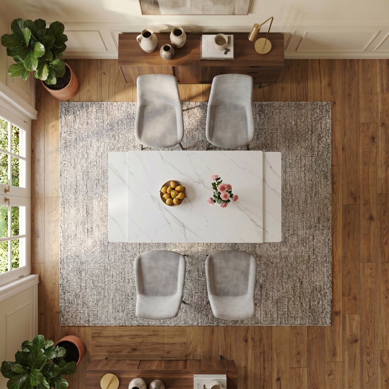 Ensemble de table de salle à manger 5 pièces en pierre frittée rétractable 5 pièces, de conception moderne, avec pieds de table en acier au carbone noir et structure à pieds croisés, plateau de table extensible pour la cuisine, la salle à manger e