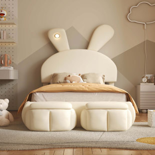 Upholstered Platform Bed With Cartoon Ears Shaped Headboard And Light
