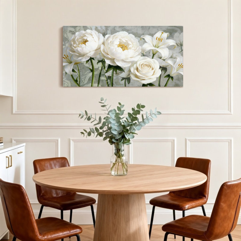 Plantes et fleurs, fleurs blanches sur fond gris, H 28 po x l 58 po