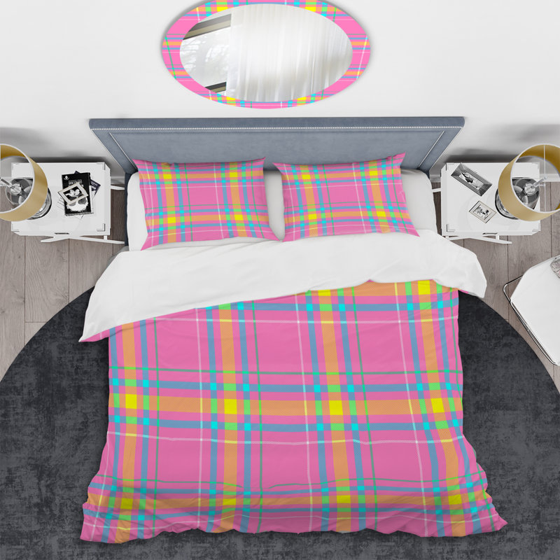 Pink And Yellow Checked Tartan Polyester Plaid Duvet Cover