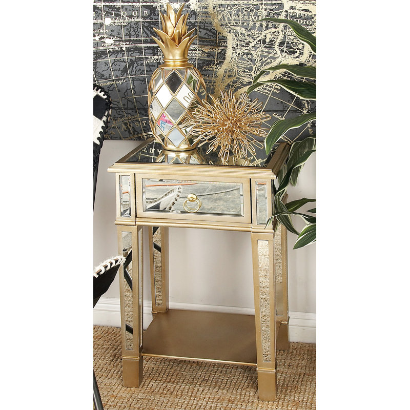 Beige Mirrored Fir Wood Accent Table with Storage