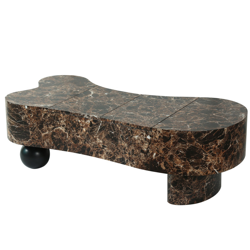 Table basse irrégulière moderne en faux travertin, plateau de table en faux marbre imitation bois, avec rangement caché et détails cannelés