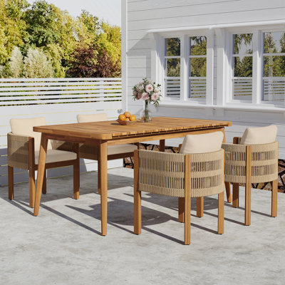 Ensemble de salle à manger d'extérieur avec table en bois d'acacia et 4 chaises, coussins lavables et imperméables, plateau à lattes pour patio, beige