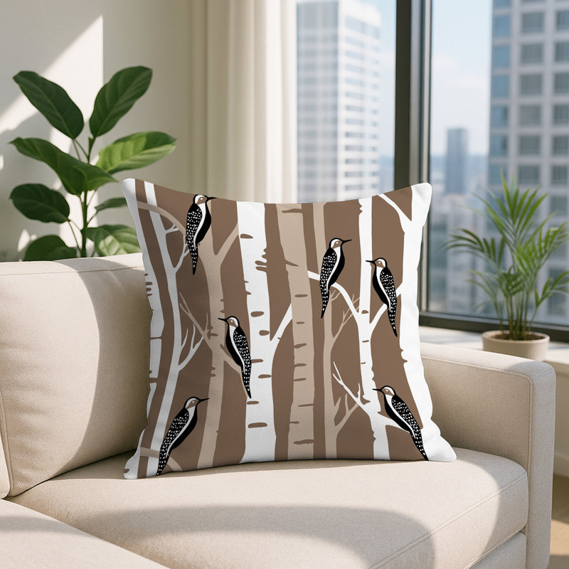 Oreiller carré réversible intérieur / extérieur Fiore Bird, Beige, Carré 17 po