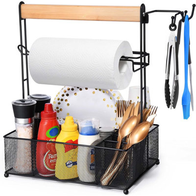 Grill Rack With Paper Towel Holder, Cutlery Holder For Plates And Cutlery, Picnic Condiment Holder For BBQ Grill Pan Accessories, Outdoor Camper Van Camping Backyard Essentials