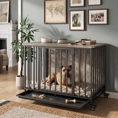 38.5 Inch Dog Crate Furniture, Wooden Kennel with Removable Tray and Wheels