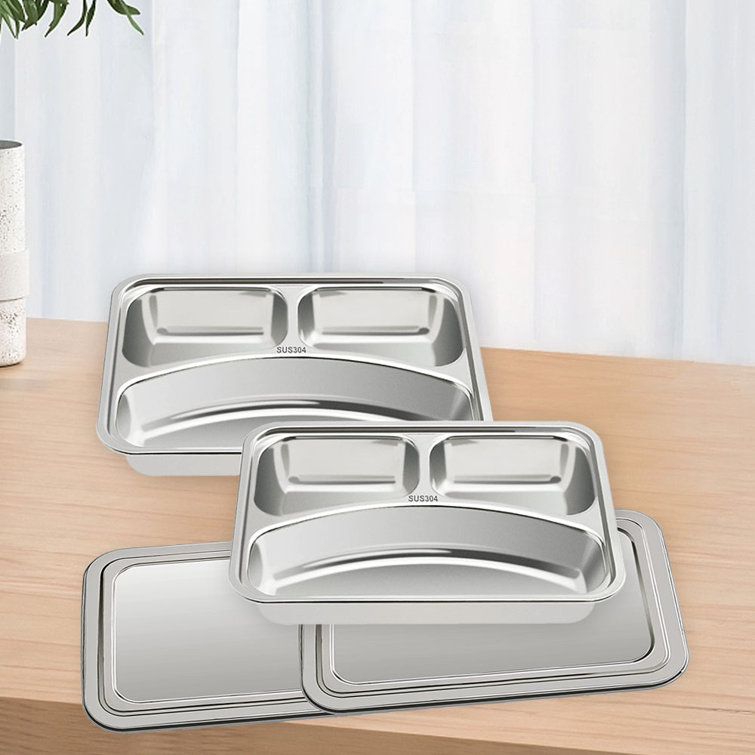 Stainless Steel Divided Plates 2Pcs Dinner Plates With Lids 3 Compartments  Trays Camping School