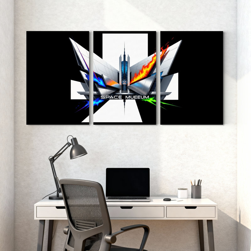 Ensemble de 3 impressions sur toile, villes et pays, musée de l'espace, tour futuriste, H 24 po x l 48 po