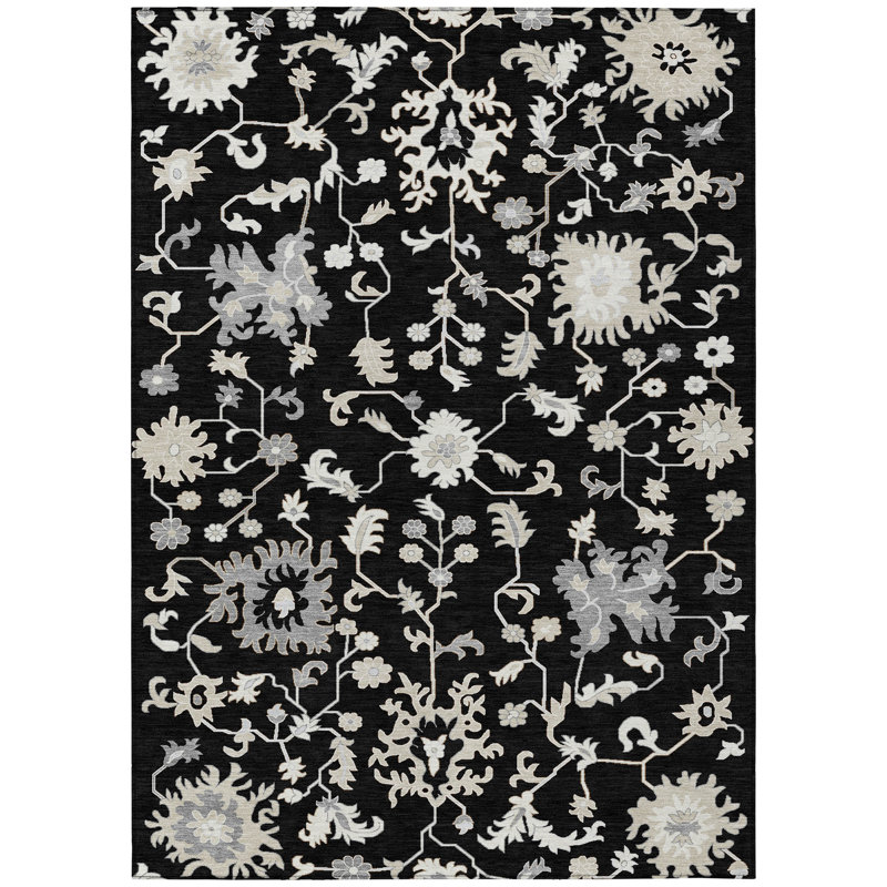 Machine Washable Indoor/Outdoor Xhevrie Black Rug, Rectangle 8' x 10'