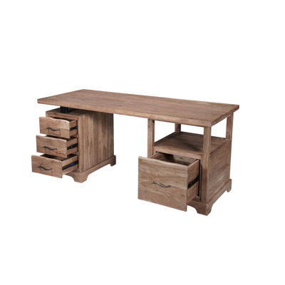 Bureau rectangulaire Chaliyah en bois d'acacia massif, 173 cm, avec tiroir à dossiers suspendus