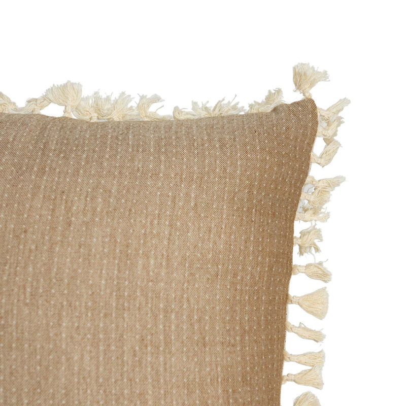 Handwoven Light Brown Cotton Reversible Throw Pillow with Tassels